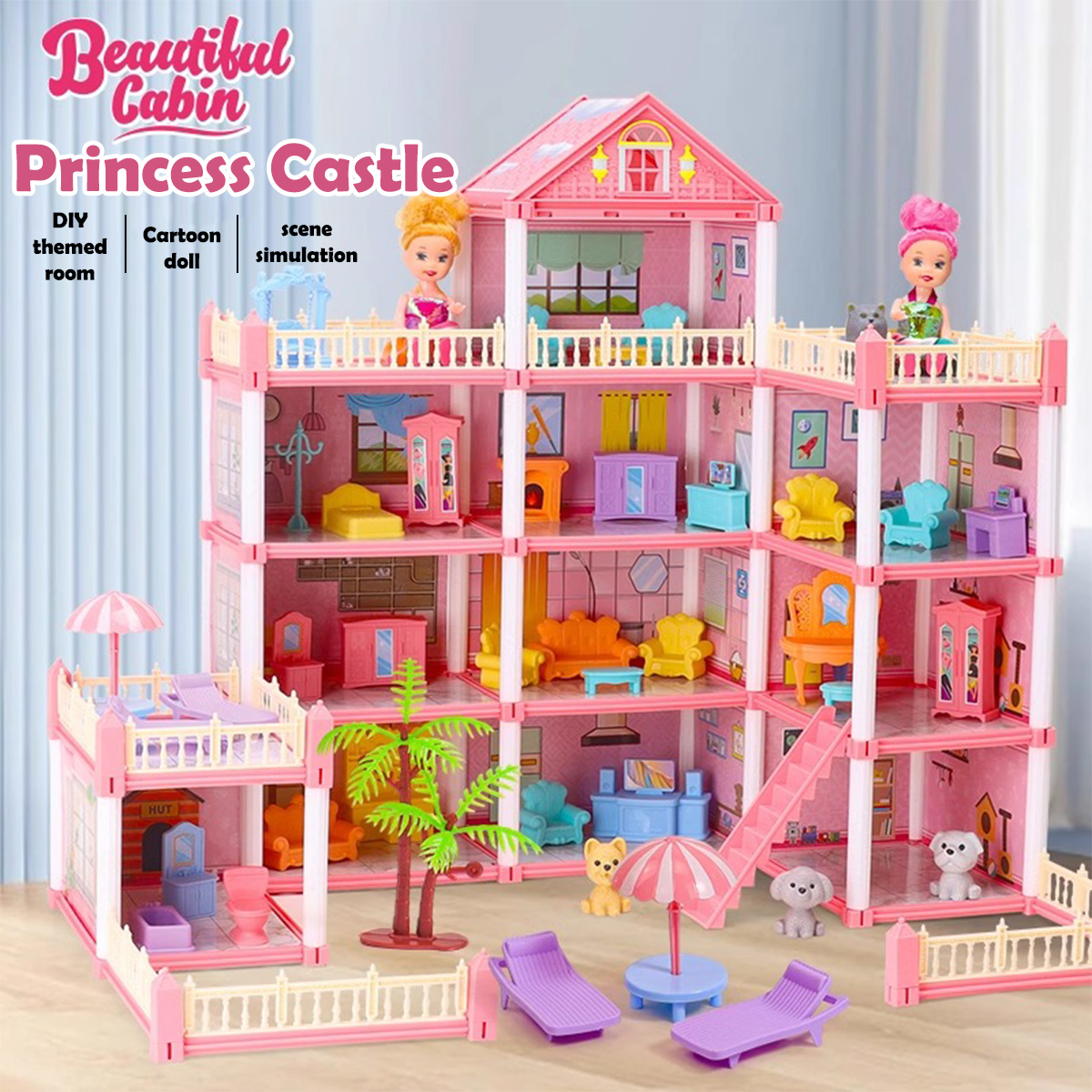 Philodendron Pink Princess - 女の子向けドールハウスおもちゃ 3D組み立て式ドールハウス DIYミニおもちゃアクセサリー付き ヴィラ風プリンセスピンク城 子供向けごっこ遊び 誕生日プレゼント