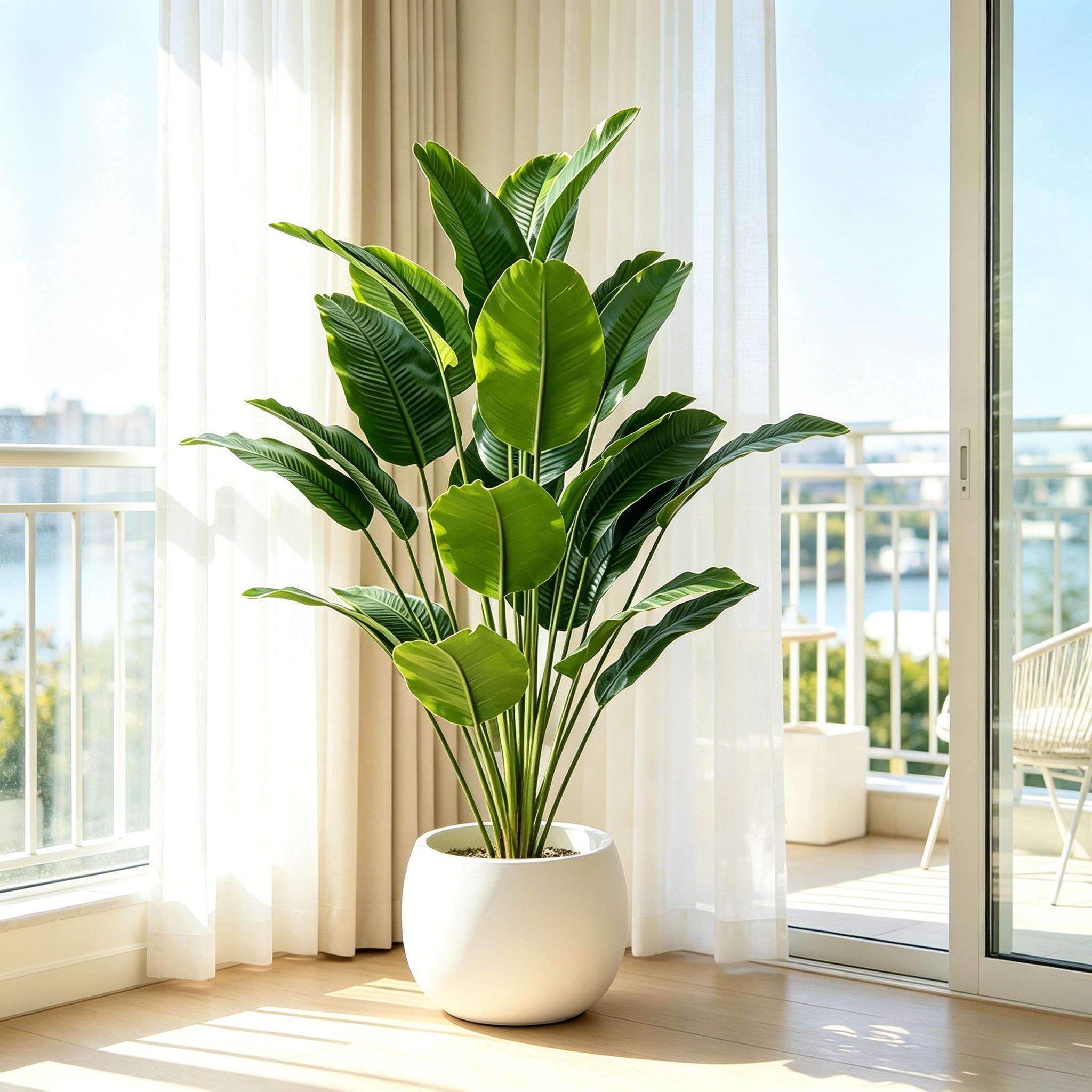 Fiddle Leaf Fig - 67-112cmの大型人工植物、極楽鳥花、熱帯風フェイクバナナの葉、プラスチック製のヤシの木、家の庭の装飾に
