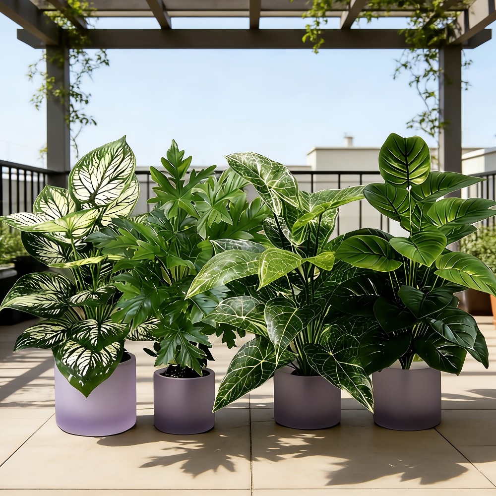 Fiddle Leaf Fig - 4個入り人工植物、48枚の葉を持つ大型フェイク扇形葉ひまわりの木、プラスチック製の葉、人工ジャングルヤシの木（家庭用）