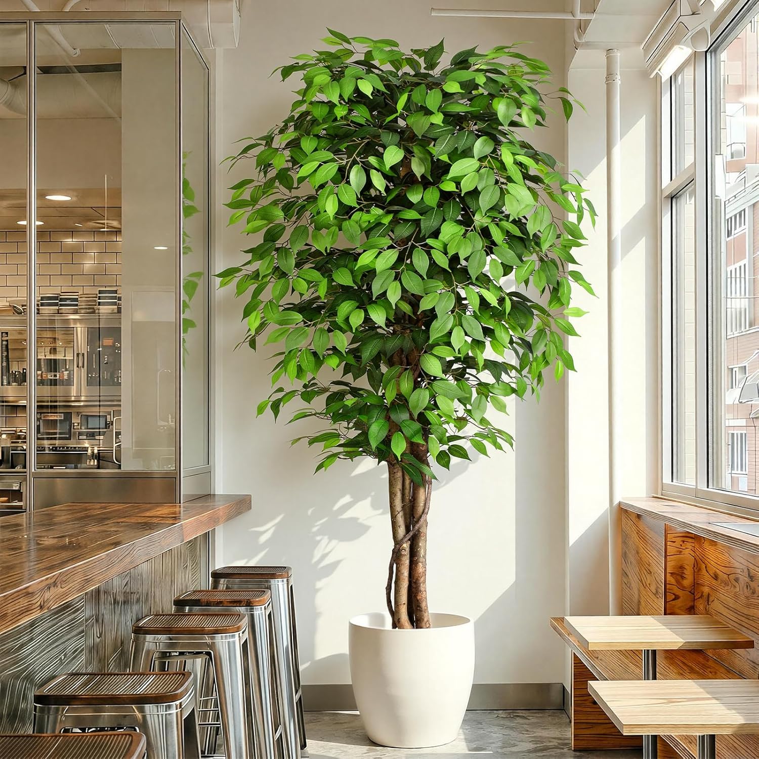 Fiddle Leaf Fig - 本物そっくりの人工フィカスツリー、自然な幹と豊かな葉が特徴、モダンな家やオフィスのインテリアに最適