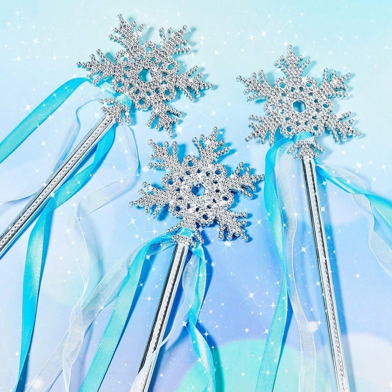 Philodendron Pink Princess - 6個入り エレガントなピンクとブルーの雪の結晶魔法の杖、青いリボン付き、丈夫なプラスチック製の冬のプリンセスワンドおもちゃ、雪の結晶の形をしたおもちゃ