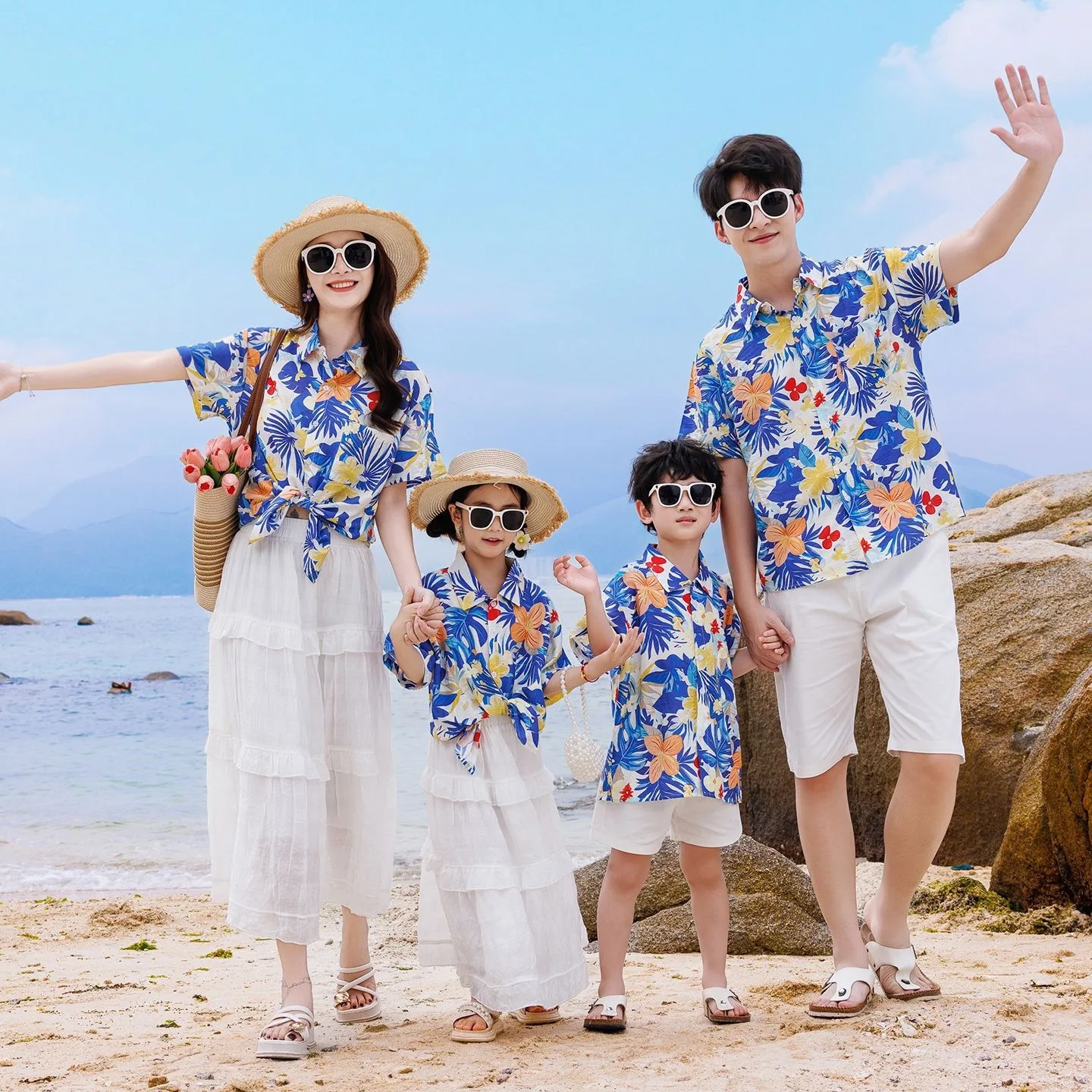 Plant Parental - 休暇用家族お揃い服セットママ娘シャツスカートカジュアルパパ息子トップスショーツリゾート親子ツーピース衣装