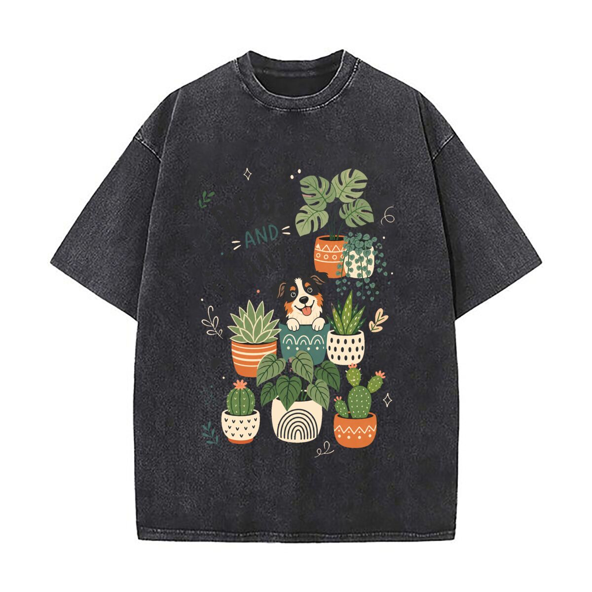 Plant Parental - 面白い植物を愛する犬好きの親向けアート ウォッシュド加工 ダメージ加工 ルーズフィット ストリートウェアトップス シティウォーク用