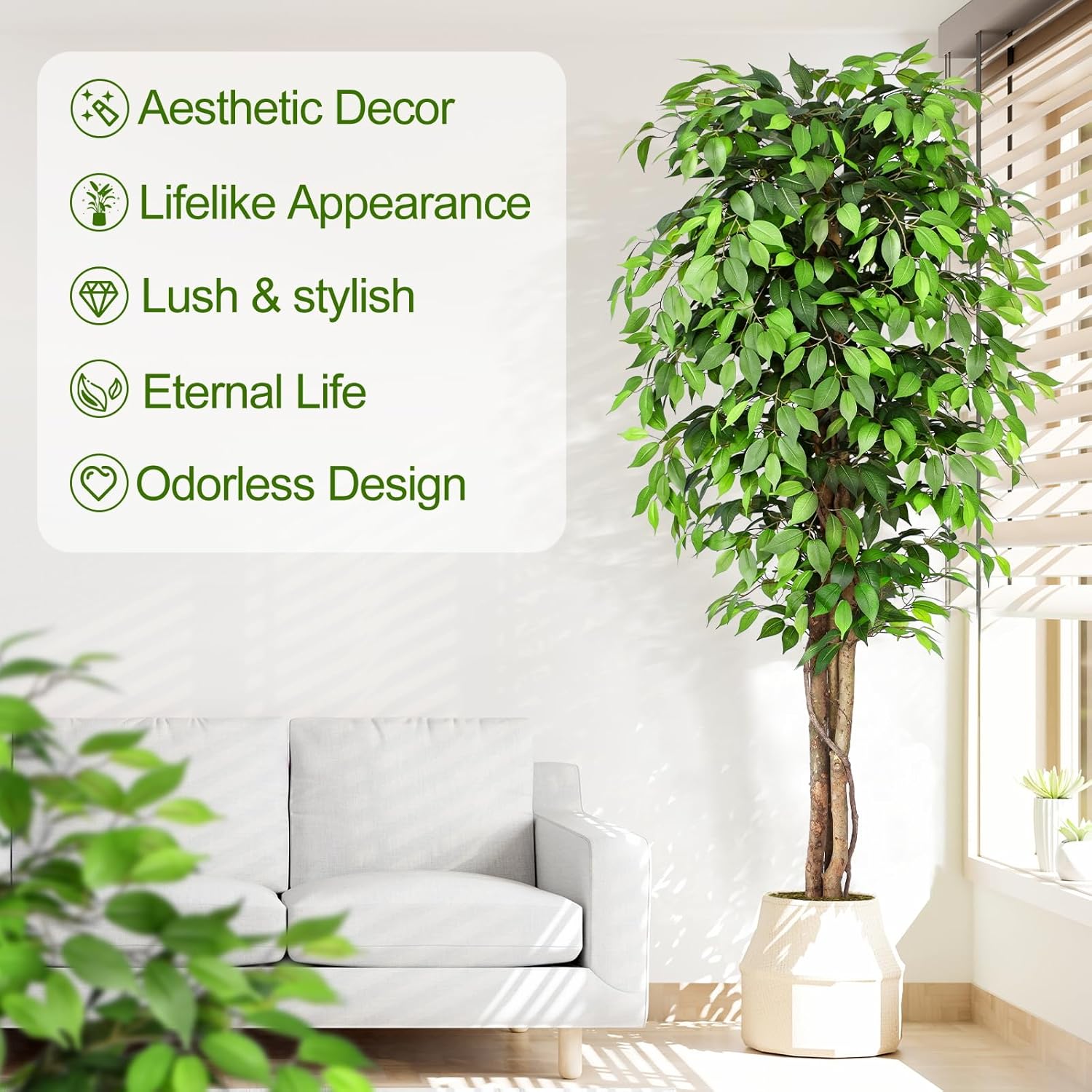 本物そっくりの人工フィカスツリー、自然な幹と豊かな葉が特徴、 - Fiddle Leaf Fig のレビューと価格