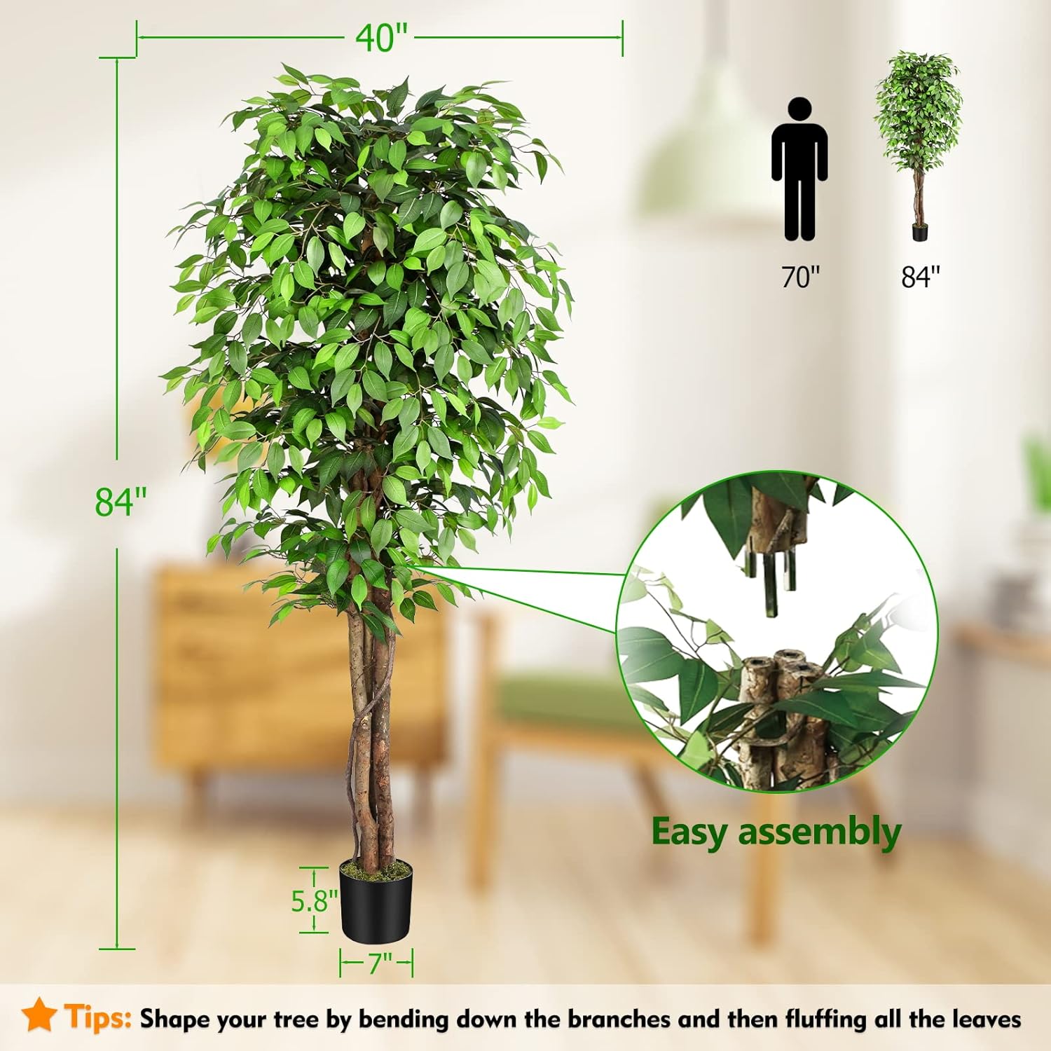 本物そっくりの人工フィカスツリー、自然な幹と豊かな葉が特徴、 - Fiddle Leaf Fig のレビューと価格