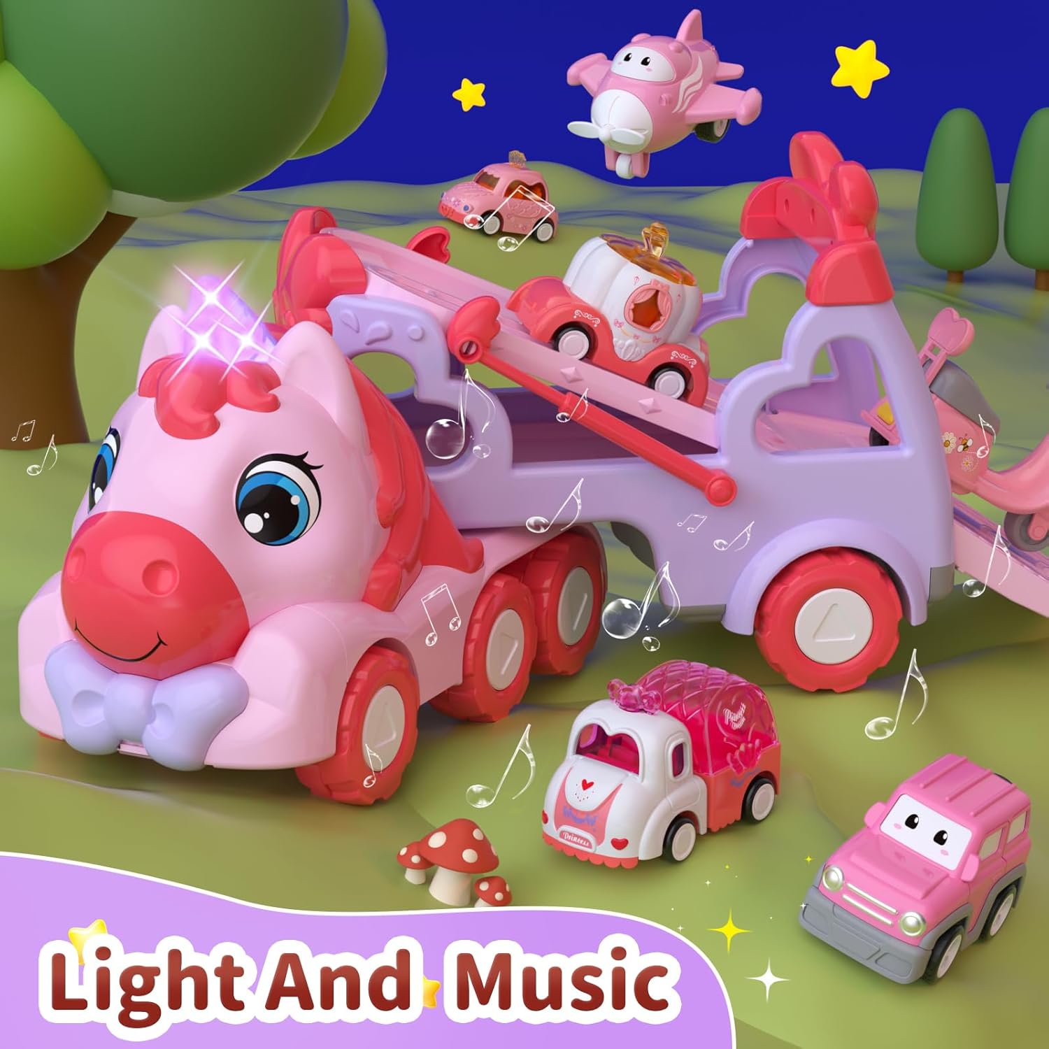ユニコーンガールおもちゃ輸送トラックカー、ライト＆サウンド付 - Philodendron Pink Princess のレビューと価格